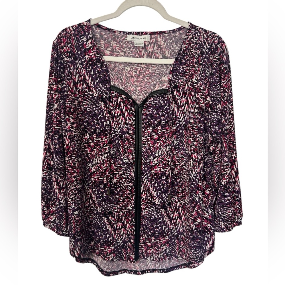 Liz Claiborne V-Neck Faux Leather Detail Purple & Pink Abstract Blouse